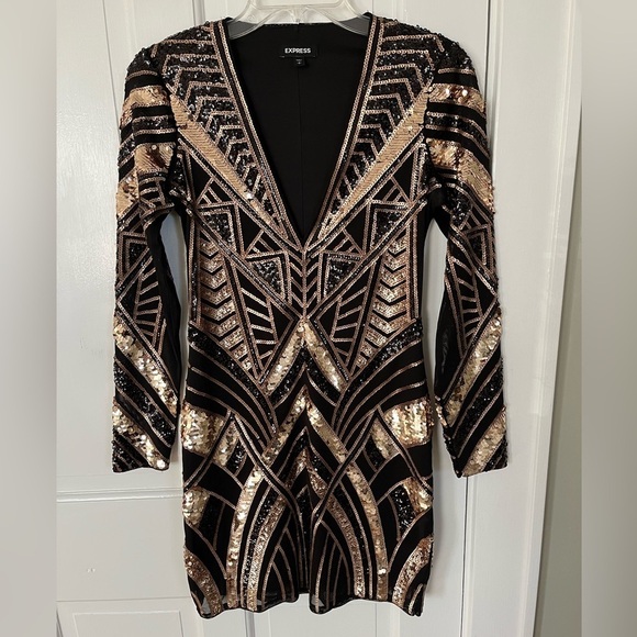 Express Black & Gold V Neck Stretch Sequin Mini Dress Small Mobwife Y2K 90’s - Picture 3 of 15